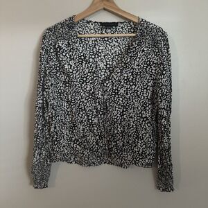 SANCTUARY Womens BL/WT Smocked Long Sleeve Surplice Neckline Faux Wrap Top M‎